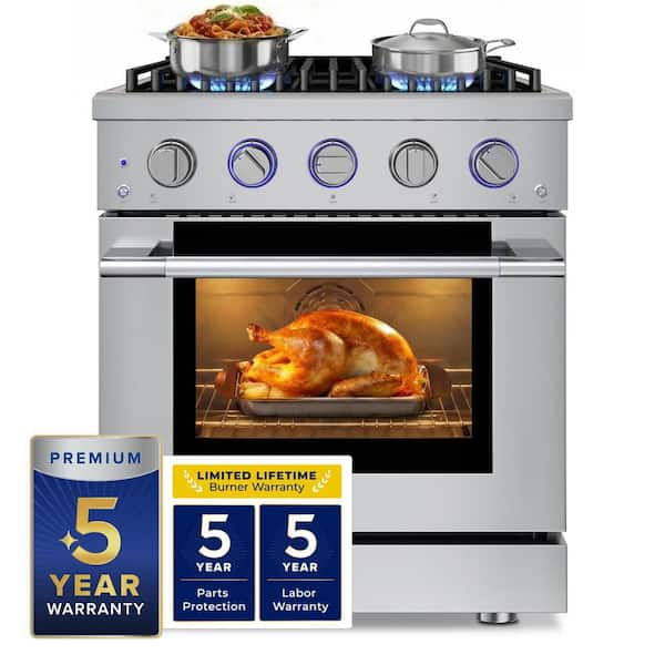 HausPRO 30 in. Stainless Steel Gas Range 4 Burners (20,000 BTU) 4.2 cu. ft Convection Oven 5 Racks Convertible NG/LP