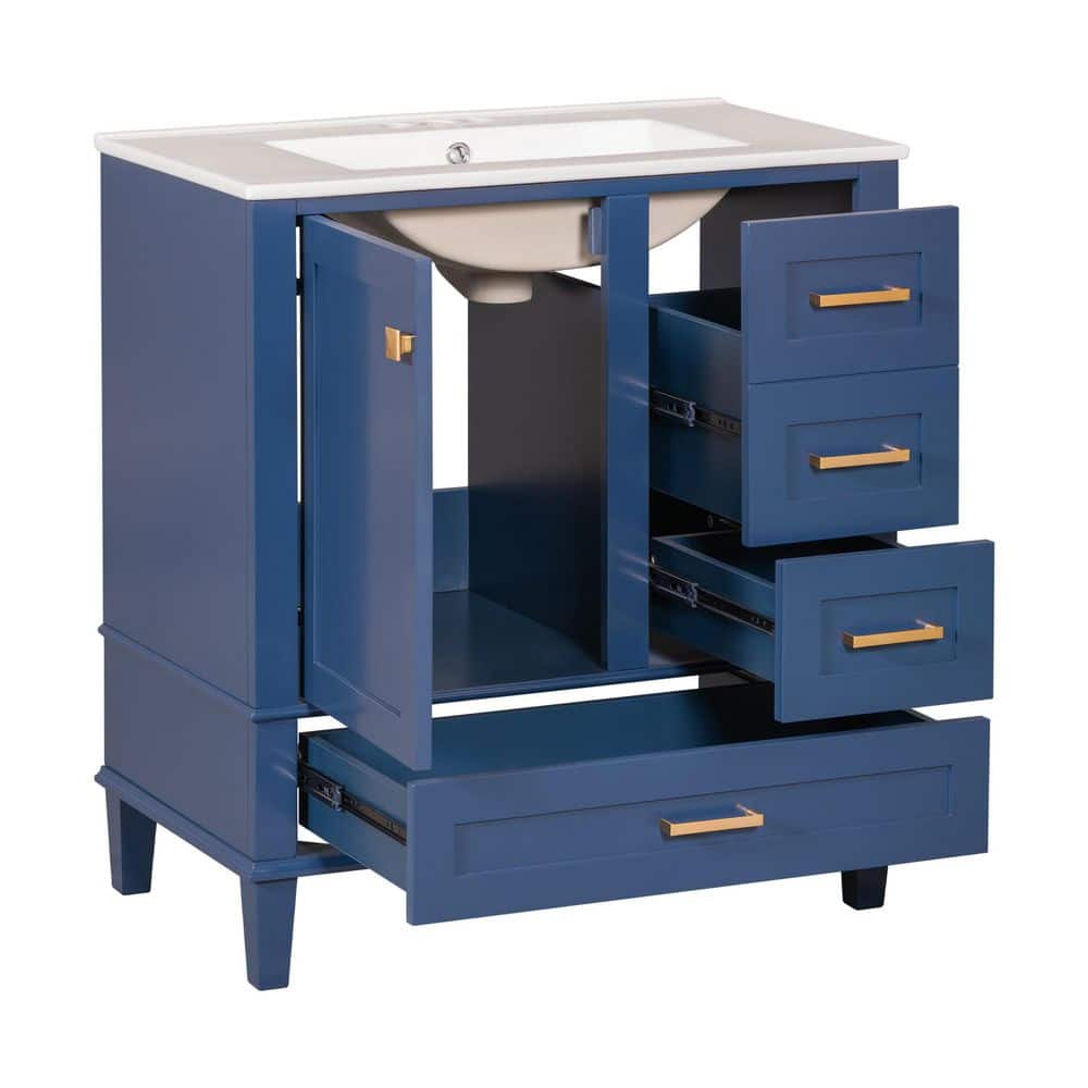 30 in. W Single Sink Freestanding Bath Vanity in Blue with White Ceramic Top and 3 Drawers, Soft Closing Door price history on PriceWatchPro