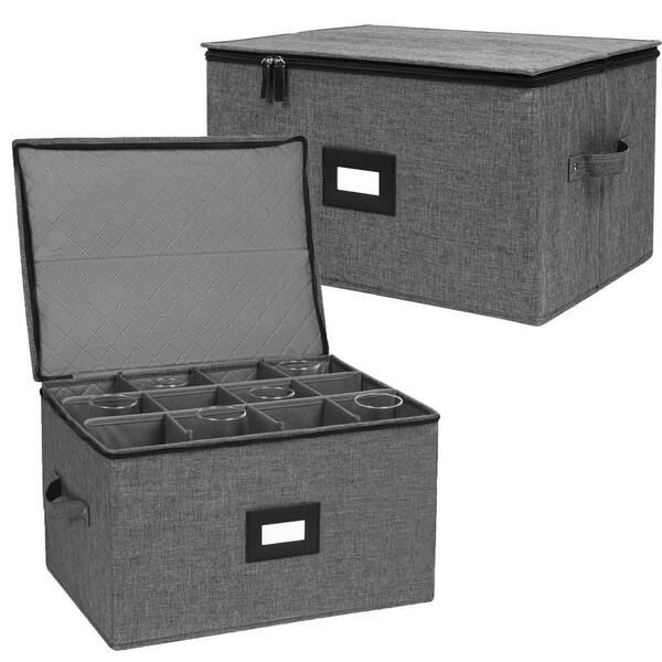 2-Pack Black Stackable Wine Glass Storage Box with Dividers, Hard Stemware Container Holds 24 Glasses with Carry Handles