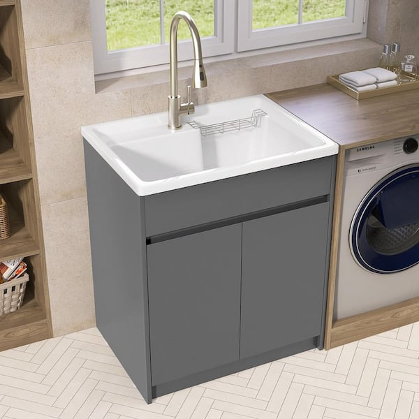 All-in-One 30 in. x 22 in. x 36 in. Freestanding Laundry Sink with Cabinet and Faucet in Gray Solid Surface Utility Sink