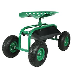 Green Steel Rolling Garden Cart with 360-Degree Swivel Seat and Tray