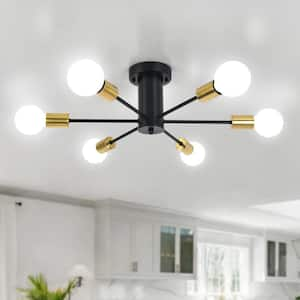 21.81 in. 6-Light Black/Gold Sputnik Semi- Flush Mount For Foyer Bedroom with No Bulbs Included