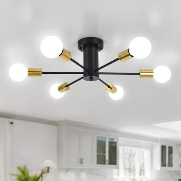 ZJVAIVE 21.81 in. 6-Light Black/Gold Sputnik Semi- Flush Mount For Foyer Bedroom with No Bulbs Included