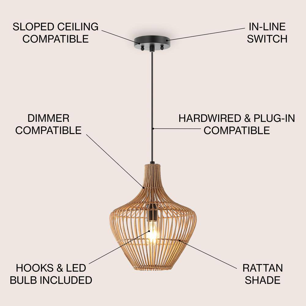 Lucas 13" Satin Brown Rattan LED Pendant with Adjustable Cord