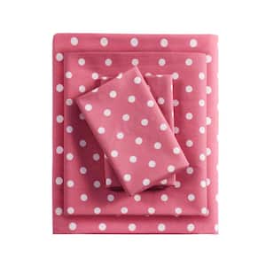 Polka Dot 4-Piece Dark Pink Cotton Queen Printed Sheet Set