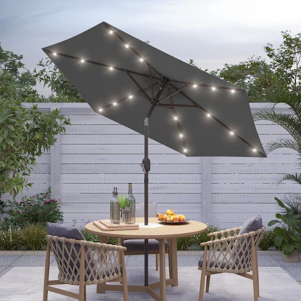 7.5 ft. Market Solar Lighted LED Crank and Tilt Patio Umbrella, Table Umbrellas, UV-Resistant Canopy in Anthracite Gray