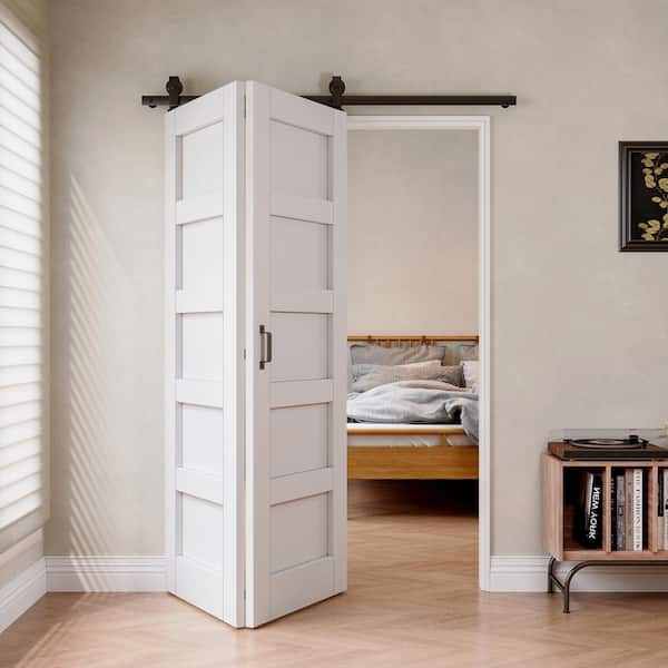 56 in. x 80 in. Paneled 5-Lite White Primed MDF Bifold Sliding Barn Door with Hardware Kit