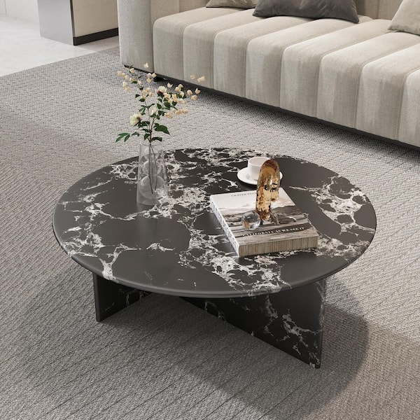 33 in. Black Round Marble Coffee Table with Sturdy Base and Rounded Corners for Living Room