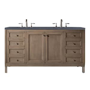 Chicago 60 in.W x 23.5 in. D x 33.8 in. H Double Vanity in Whitewashed Walnut with Quartz Top in Charcoal Soapstone