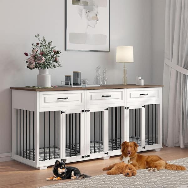 FUFU&GAGA Heavy-Duty Wooden Dog Crate Furniture for 3 Dogs, Indoor Large Dog Crate With 3 Drawers And 2 Dividers for L/M/S Dogs