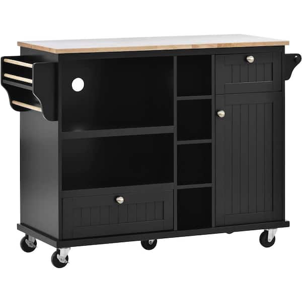 ANGELES HOME 50 in. W x 36 in. H Black Rubber Wood Kitchen Cart Island with Storage Cabinet, Two Locking Wheels