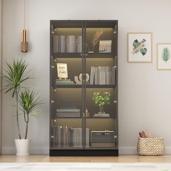 FUFU&GAGA Black Wood 31.5 in. W Display Cabinet With Pop up Tempered Glass  Doors & 3-Color LED Lights, Wine Storage Shelves KF020275-02-c - The Home  Depot
