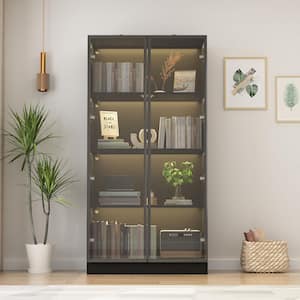Black Wood Storage Cabinet Display Cabinet With Tempered Glass Doors, 3-Color LED Lights and Aluminum Framed