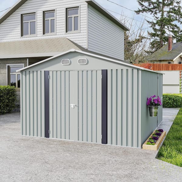10x12 FT White Outdoor Metal Garden Tool Storage Shed with 3 Lockable Doors for Garden, Lawn, Backyard