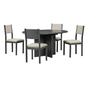 Retro 5-Piece Gray MDF Top Extendable Dining Set with 4 Upholstered Chairs and a 16 in. Leaf