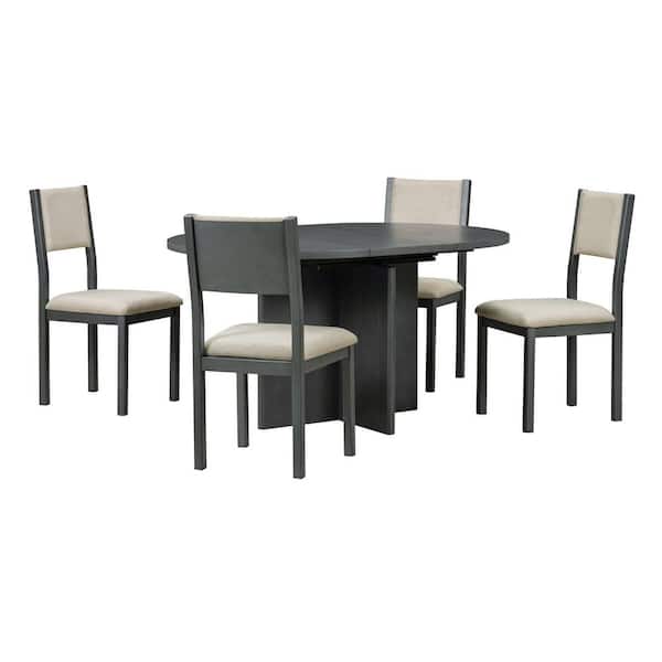 Nestfair Retro 5-Piece Gray MDF Top Extendable Dining Set with 4 Upholstered Chairs and a 16 in. Leaf