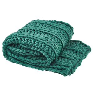 Chunky Ribbed Knit Alpine Green Polyester Throw Blanket