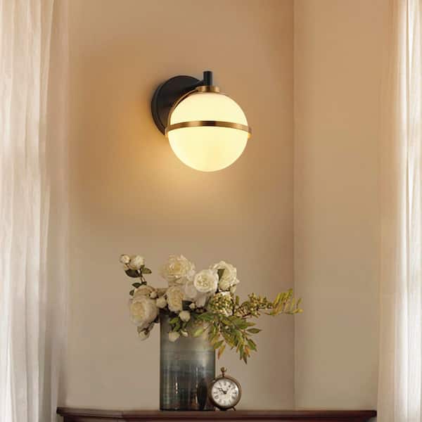 Modern 5.91 in. 1-Light Black and Brass Wall Sconce Globe Wall Lamp with Milk White Glass Shades