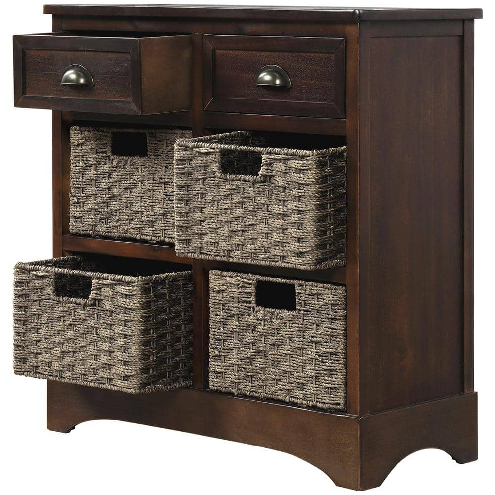 Espresso wooden storage cabinet outlet with wicker baskets