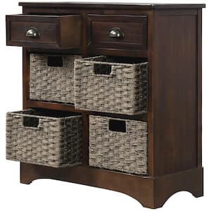 GODEER Antique Navy Rustic Storage Cabinet with Two Drawers and Four Classic Rattan Basket