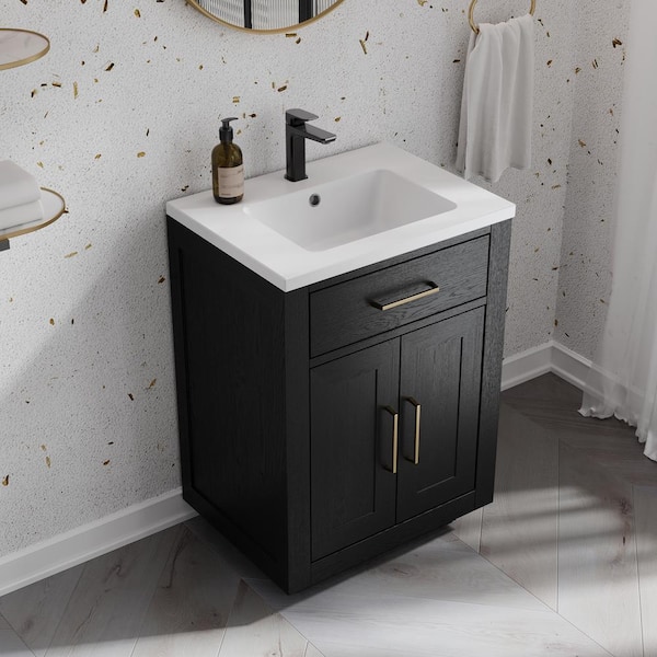 ANGELES HOME 24 in. W Wood Intergral Single Sink Freestanding Brown Bath Vanity with White Resin Top, Assembled