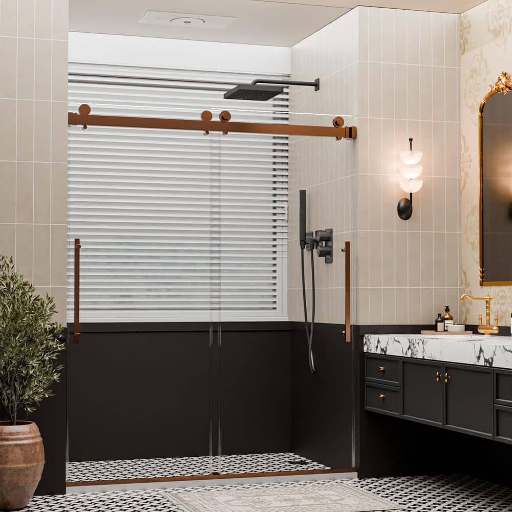 56 in.-60 in. W x 74 in. H Double Sliding Frameless Shower Door in Oil Rubbed Bronze with Clear Glass price history on PriceWatchPro