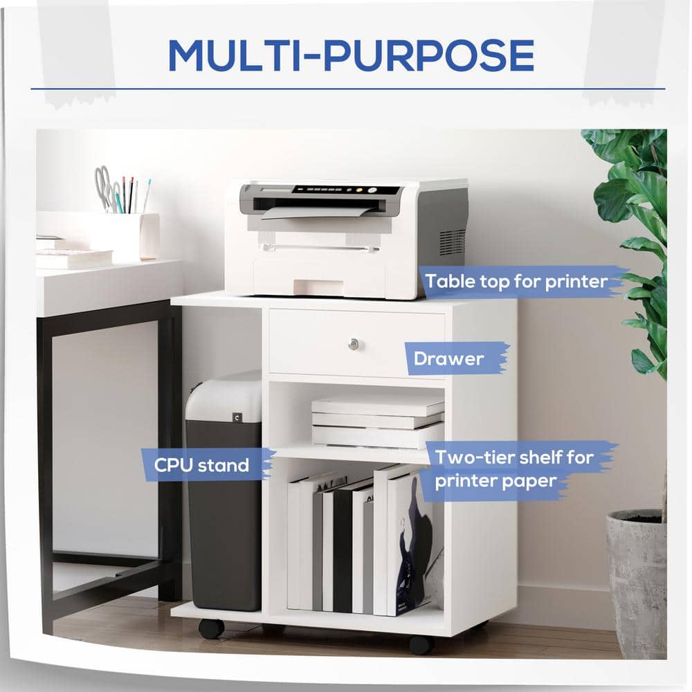 White Particleboard Mobile Printer Stand with Adjustable Shelf and Drawer