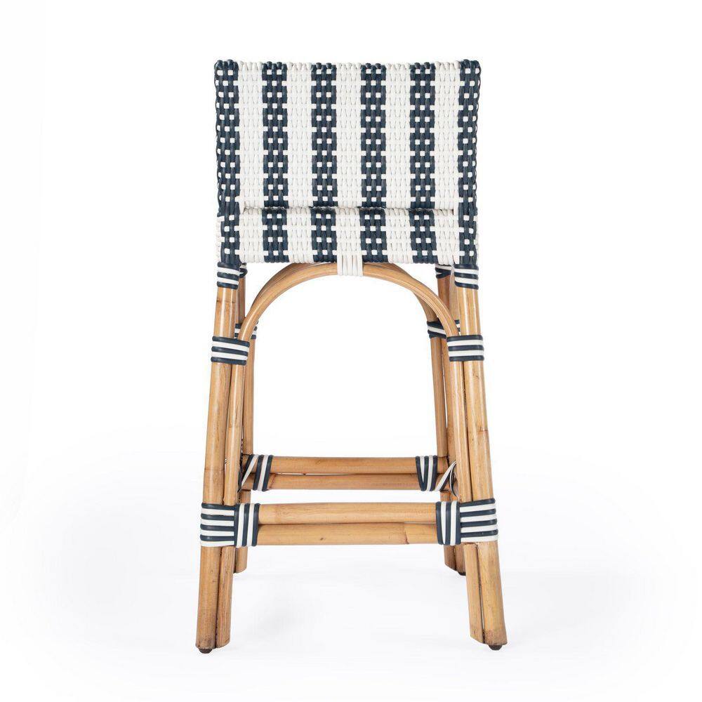 Coastal Charm Rattan and Blue Stripe Low Back Counter Stool