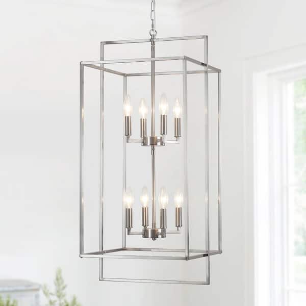 8-Light Sand Nickel Modern Geometric Rectangle Lantern Tiered Hanging Ceiling Chandelier for Living Room