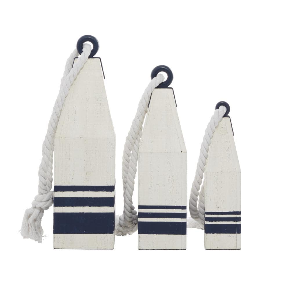 White and Navy Wood Buoy Sculptures with Rope Accents, Set of 3