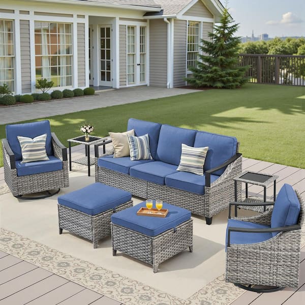 7-Piece Metal Wicker Patio Conversation Set with Swivel Glider, Outdoor Deep Seating Couch Set with Blue Cushions