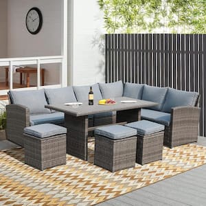 Joivi Grey 7-Piece Wicker Conversation Set with Dining Table with Grey cushions