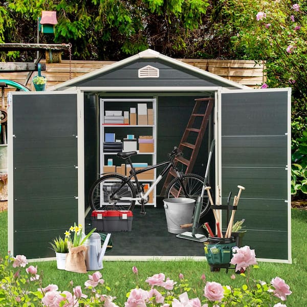 6 x 8 ft. Resin Outdoor Storage Shed with Window, Vent for Store, Patio, Furniture, Black (45 sq. ft.)