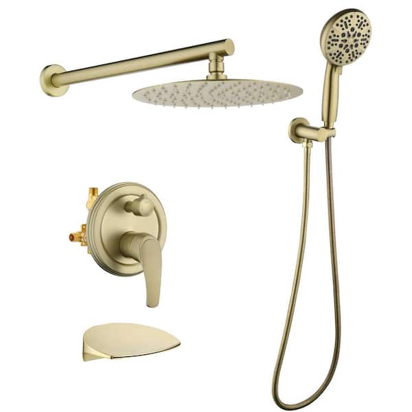 Satico Single-Handle 1-Spray 10 in. Wall Mount Rainfall Dual Shower Heads with Spout in Brushed Gold (Valve Included)