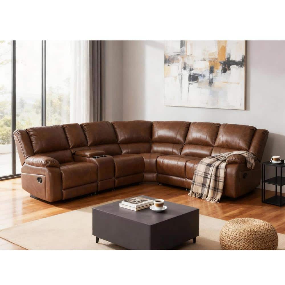 Manual Recliner Sectional Sofa, 109 in. 6-Piece Living Room Set with Flip-Top Console, Light Brown price history on PriceWatchPro
