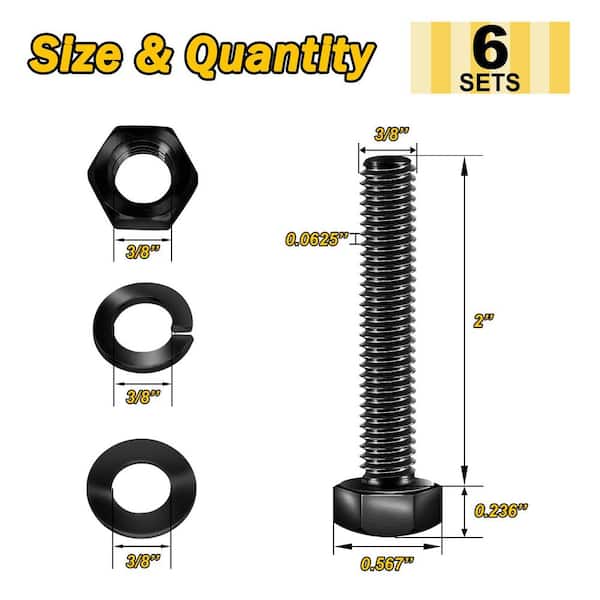 3/8 in.-16 x 2 in. Black Oxide Stainless Steel Hex Bolt with Nut, Washer and Lock Washer (6-Pack)