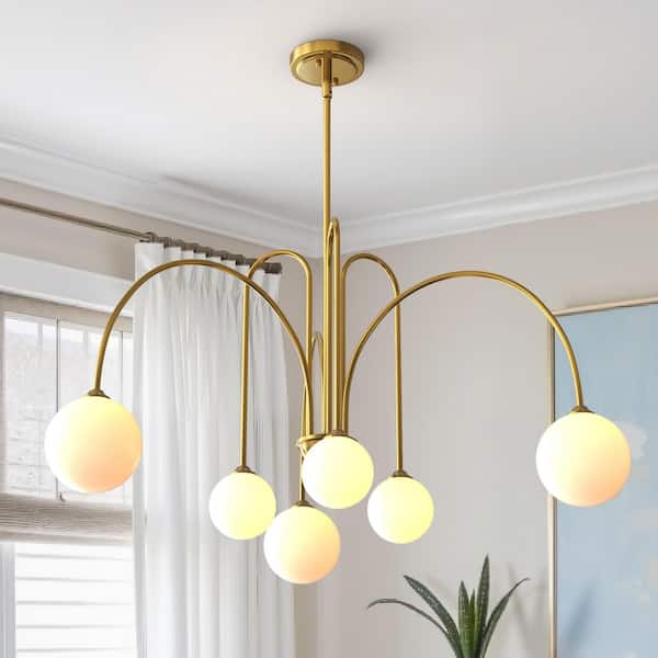 6-Light Modern 1-Tier Brass Chandelier with Frosted Glass Shades, Electroplated Metal Frame, G9 Base, 38.2 in. Width