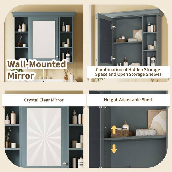 FORCLOVER 35 in. W x 28 in. H Rectangular Medicine Cabinet with Mirror and 6-Open Shelves in Blue