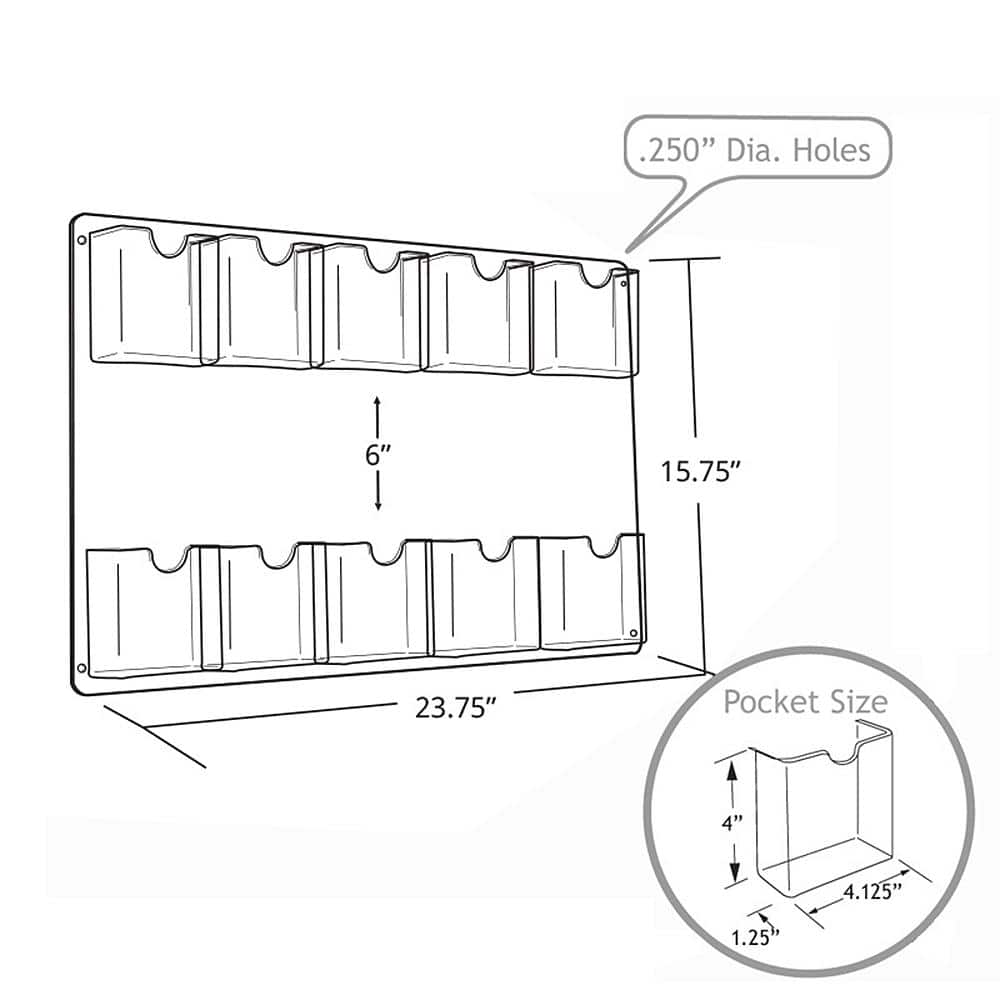 Clear Acrylic Wall Mounted Ten-Pocket Brochure Holder, 23.7" x 15.7"