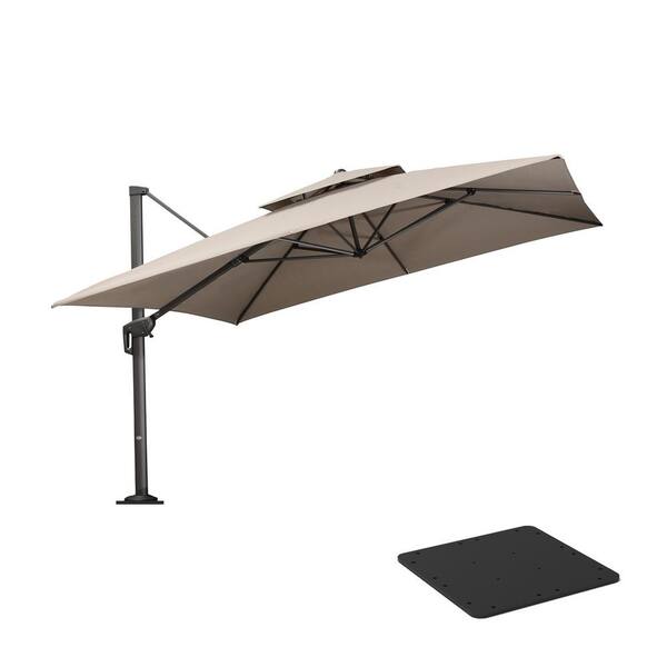 PURPLE LEAF 12 ft. Square 2-Tier Aluminum Cantilever 360° Rotation Patio Umbrella with Base Plate, Beige