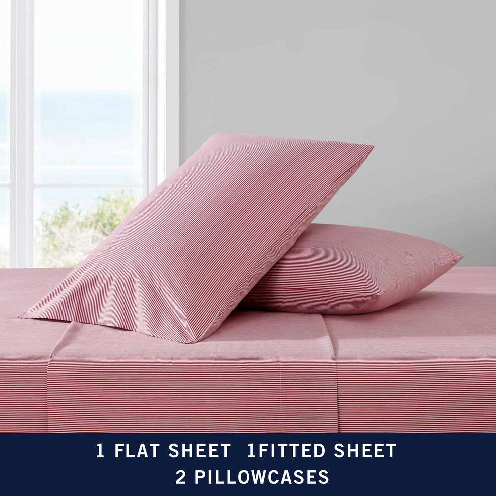 Full Size Red and White Cotton Percale Stripe Sheet Set