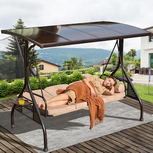 Metal Patio Swing with Cushions in Beige for Outdoor 3-in-1 Bed Design