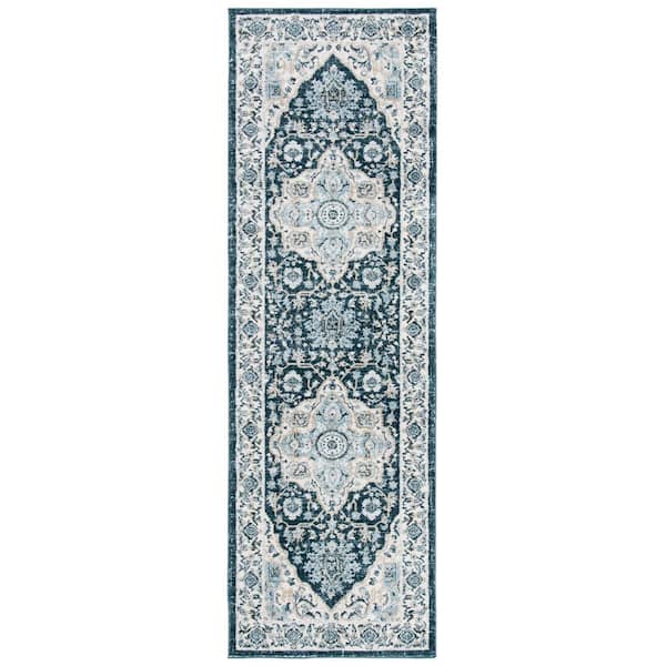 Isabella 2 ft. x 9 ft. Navy/Creme Medallion Border Runner Rug