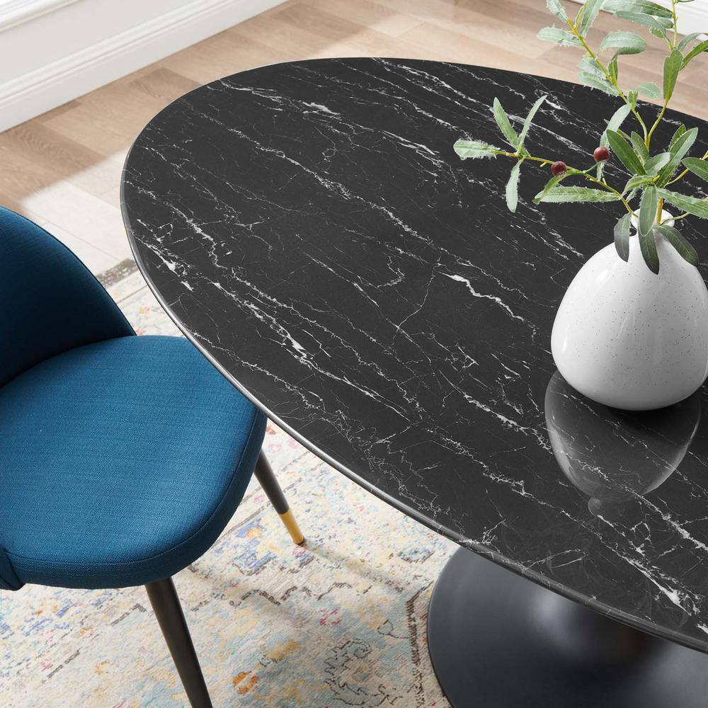 Modern Mid-Century 60" Oval Marble & Wood Dining Table in Black
