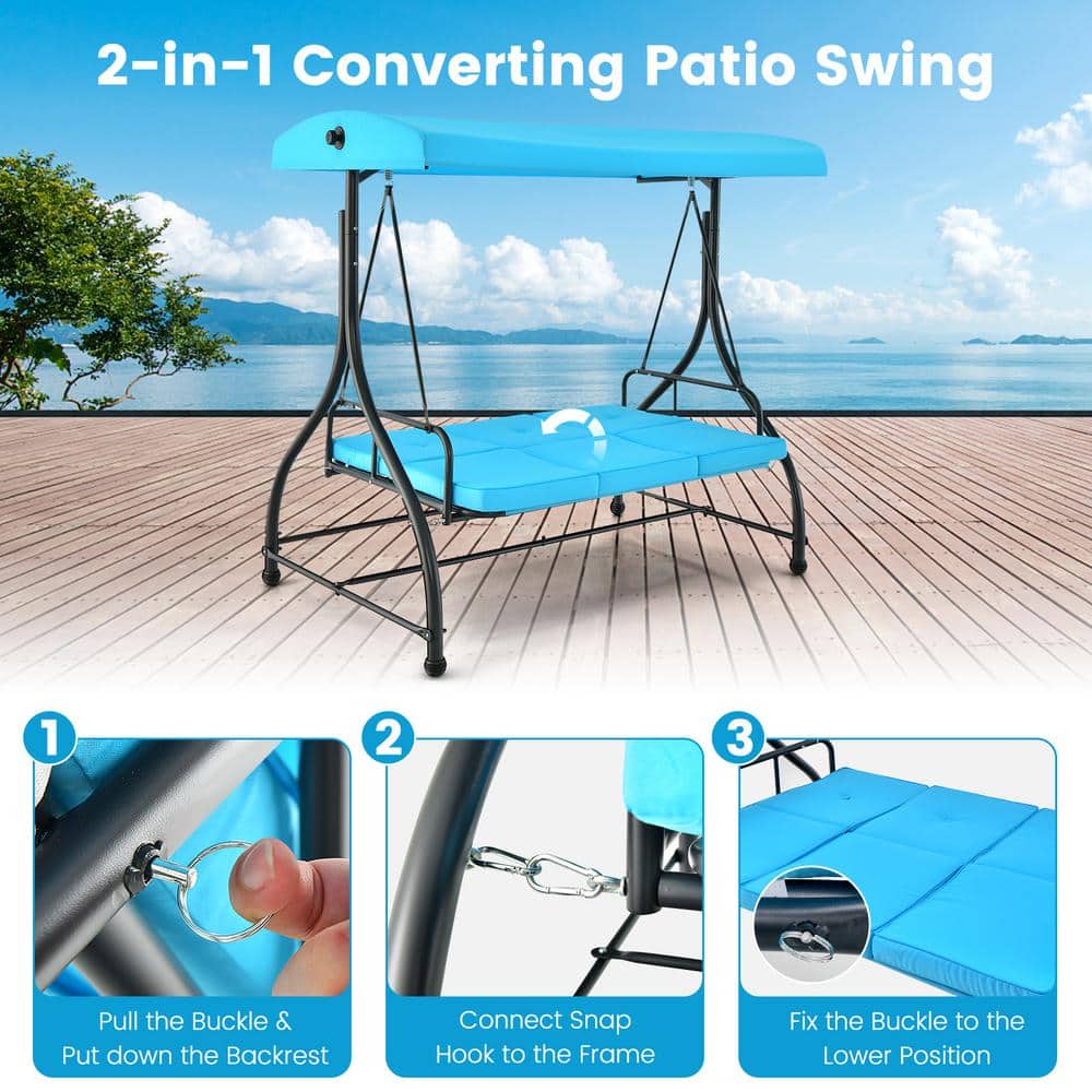 Sky Blue 3-Seat Outdoor Swing with Adjustable Canopy