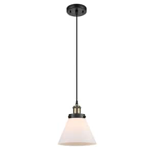 Cone 100-Watt 1 Light Black Antique Brass Shaded Mini Pendant Light with Frosted Glass Shade