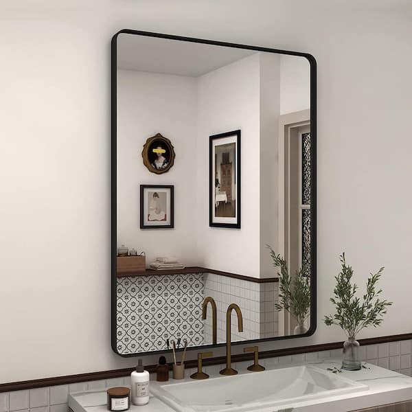 waterpar 28 in. W x 36 in. H Rectangular Aluminum Framed Wall Bathroom Vanity Mirror in Black