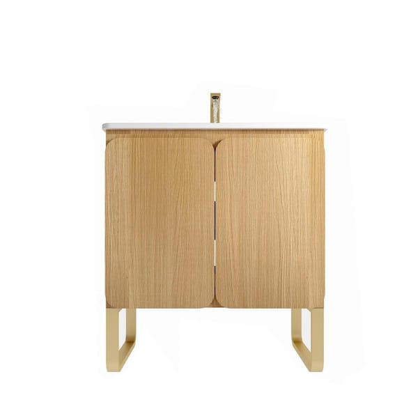 INSTER 30 in. W Single Sink Large Storage Light Oak Bathroom Vanity with White Ceramic Integral Sink Top