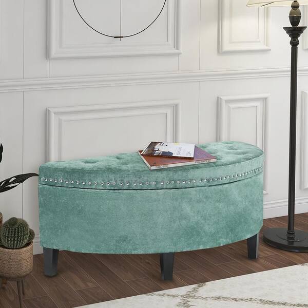 Unbranded 43.5 in. Flip Top Half Moon Sage Light Green Velvet Upholstered Storage Bench