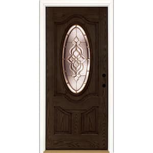 37.5 in. x 81.625 in. Lakewood Brass 3/4 Oval Lite Stained Walnut Oak Left-Hand Inswing Fiberglass Prehung Front Door